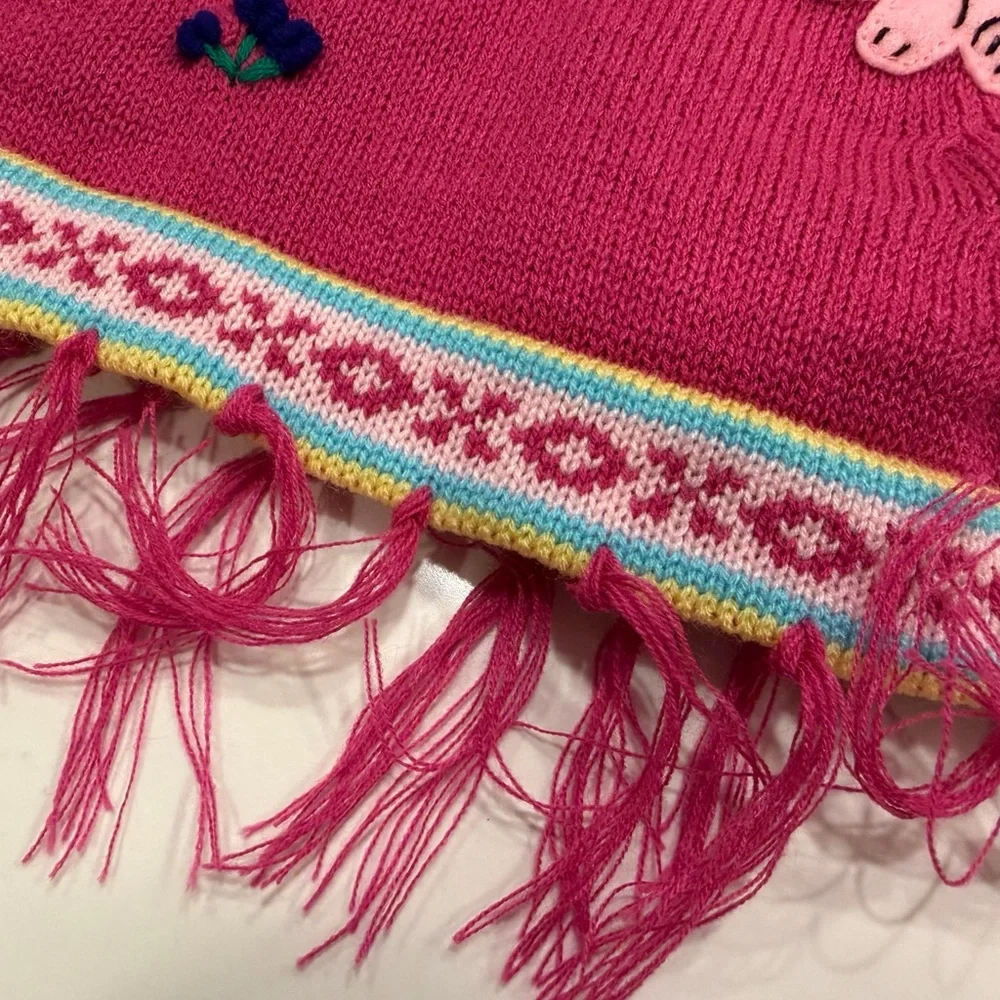 Pink Kids Sweater Poncho‎ with Embroidered Motifs